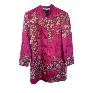 Anage Long Jacket M Women Red Embroidered Beads Sequins Button Up Pockets Lined